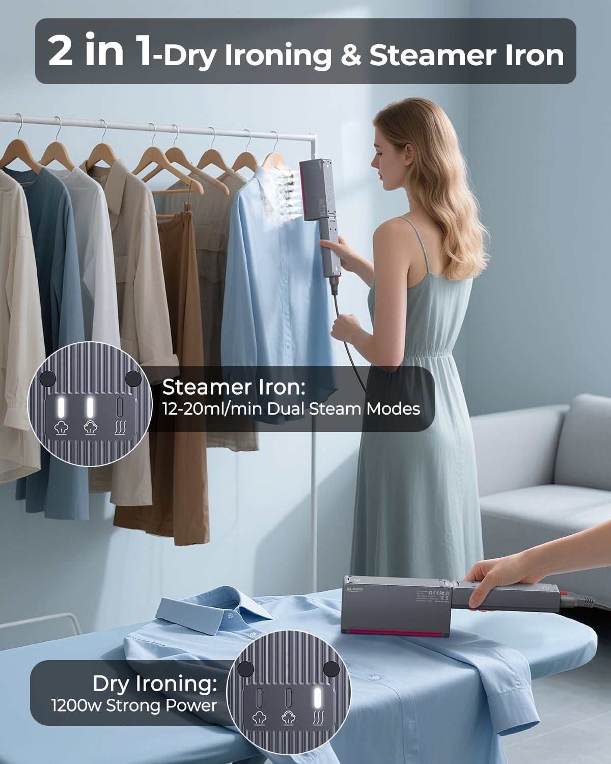 Hulmay Travel Steamer for Clothes, 110-220V Portable Steamer & Iron, 15s Heat Up, 1200W Foldable Travel Size, 110ml Tank for Home, Europe & Global Use