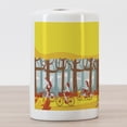 thumbnail image 3 of Bike Ceramic Toothbrush Holder, Cartoon Graphic of People Riding Bicycles in Abstract Woodland Illustration, Decorative Versatile Countertop for Bathroom, 4.5" X 2.7", Yellow and Multicolor, 3 of 4