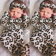 Nouveau-né bébé léopard Swaddle Wrap emmailloter sac de couchage couverture bandeau ensemble 0-6M