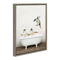 Kate and Laurel Sylvie Penguins Playing in Rustic Bath Framed Canvas Wall Art by Amy Peterson Art Studio, 18x24 Gray, Modern Fun Decorative Bathtub Wall Art for Home Décor