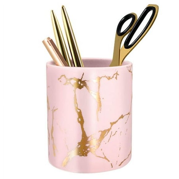 Porte-crayon Mignon pour Bureau, Porte-Stylo en Marbre Céramique, WAVEYU Porte-Crayon pour Femmes Enfants Organisateur de Bureau Porte-Pinceau de Maquillage pour Usage Quotidien en Classe, Maison, Marbre Doré-Rose