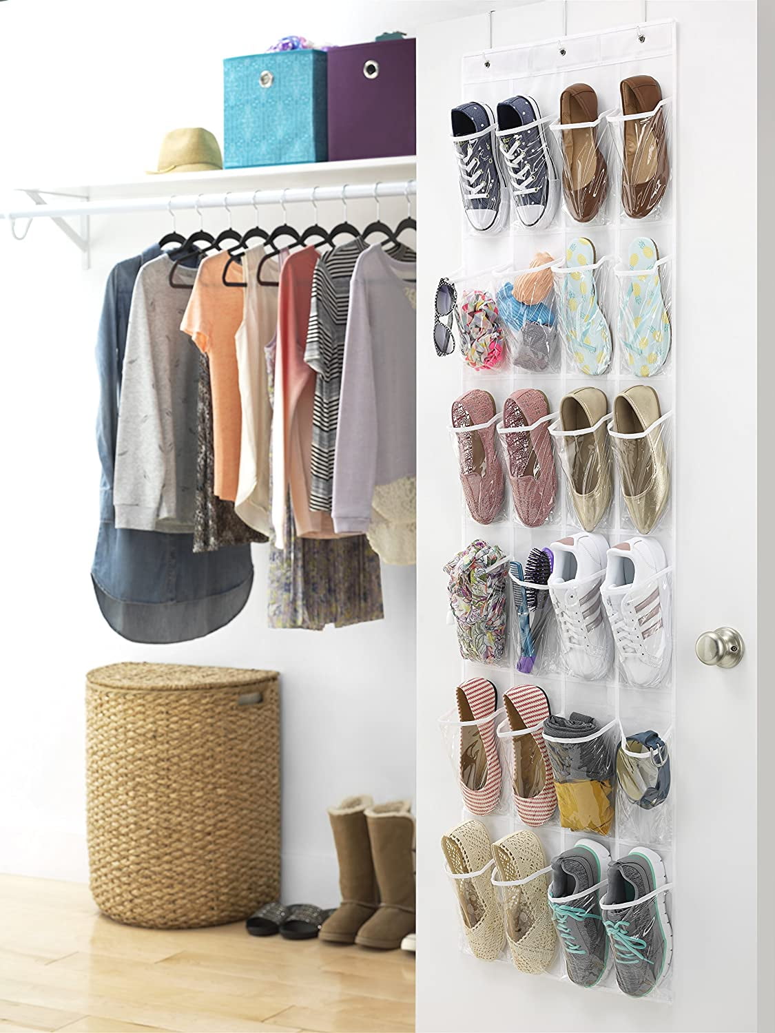 White Inmorven Over the Door Shoes Organiser,Shoe Racks 24 Mesh Pockets,Hanging Closet Foldable Wardrobes Storage Bag for Underwear Toiletries,A Stainless Steel Hooks As Gift. 