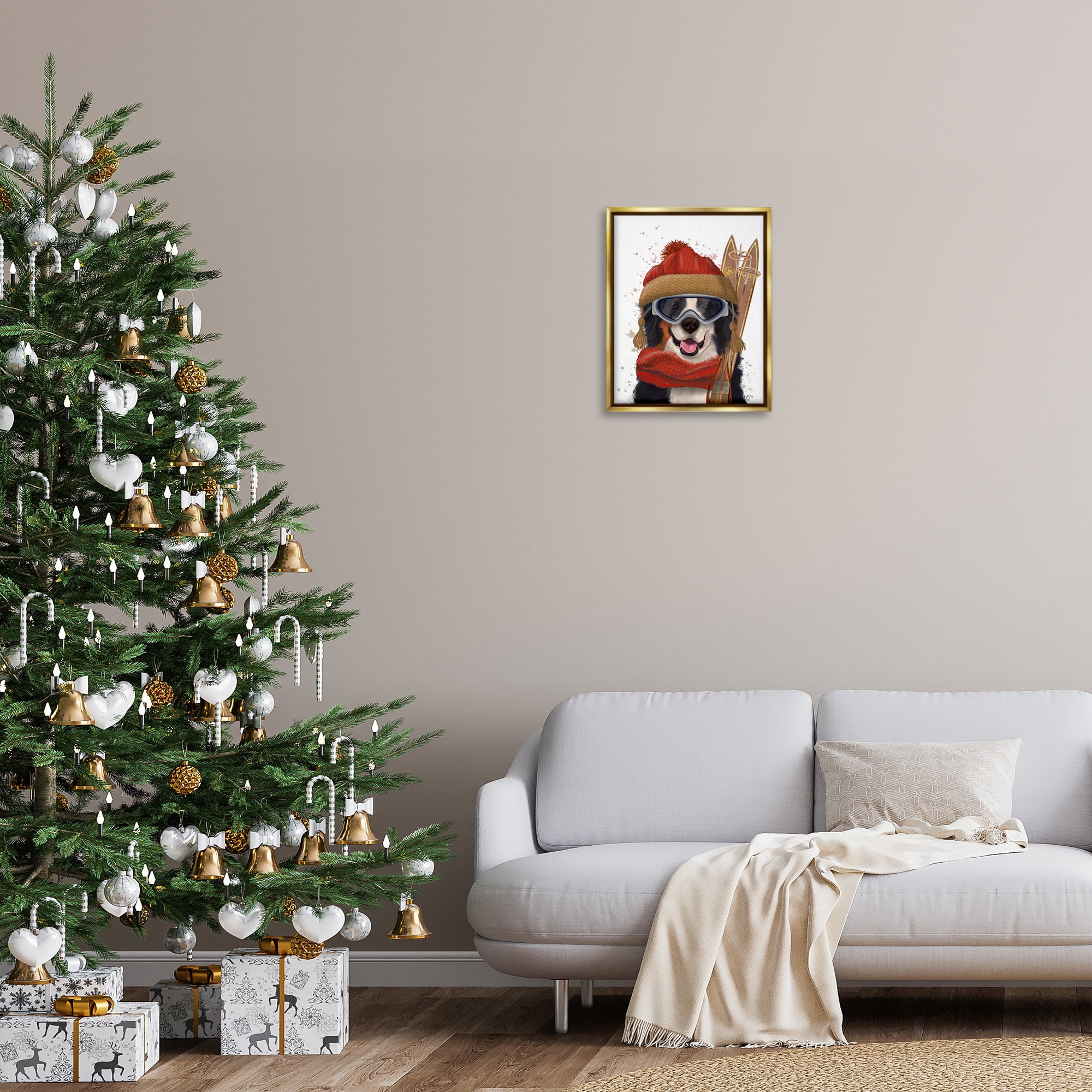 Stupell Industries Happy Skiing Dog Animals & Insects Painting Gold Floater Framed Canvas Art Prints Wall Art, 17 x 21