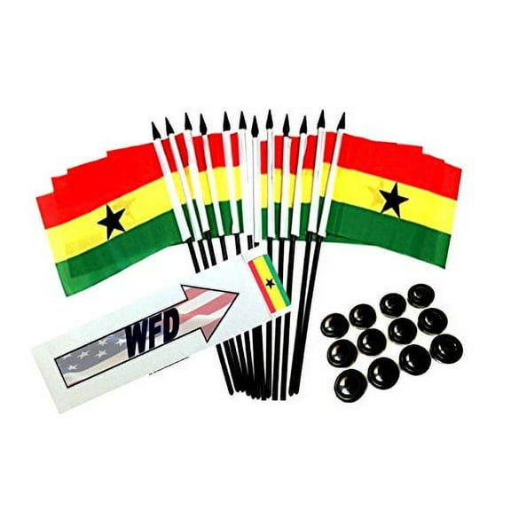 Box of 12 Ghana 4"x6" Polyester Miniature Desk & Table Flags, 4x6 Ghanaians Small Mini Hand Waving Stick Flags with 12 Flag Bases (Stands)