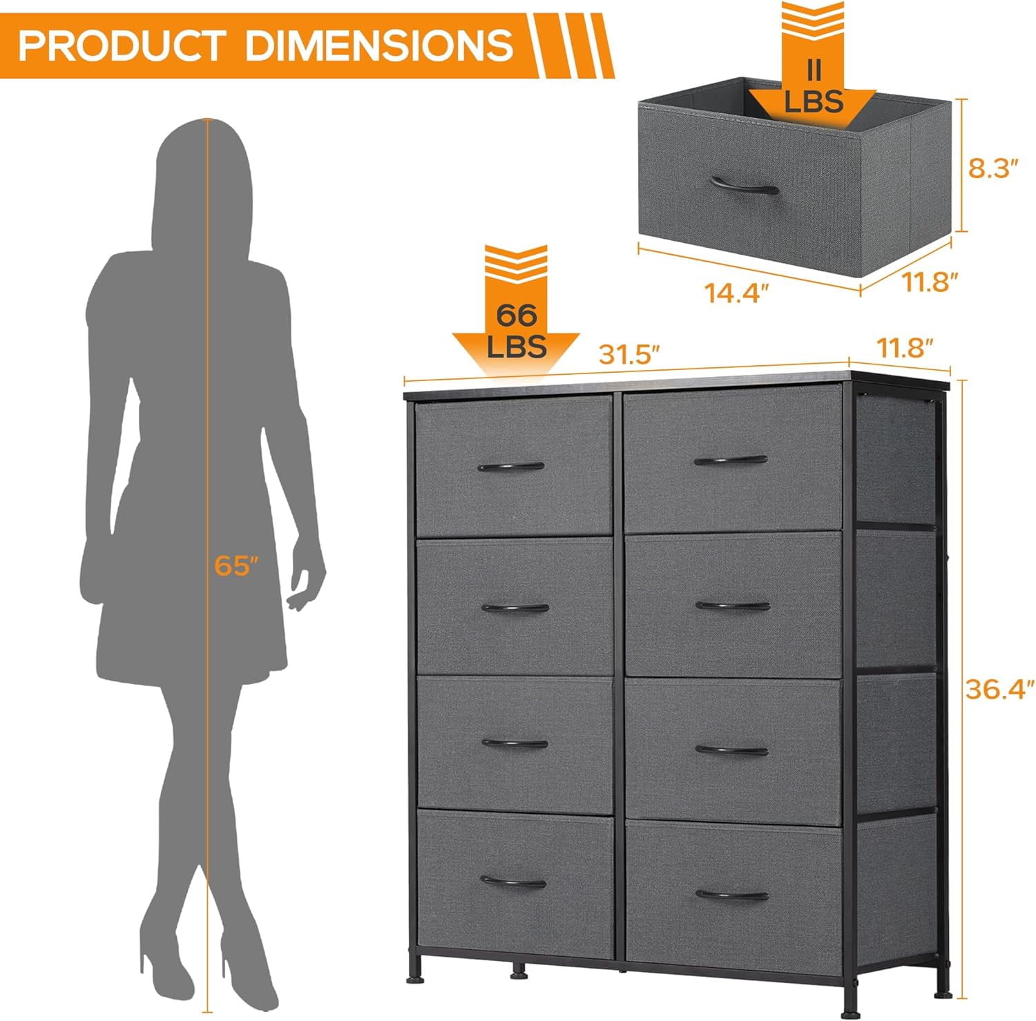 8 Drawer Dresser, Tall Chest Of Drawers Nightstand Storage Tower Storage Dresser Fabric Dresser With Wood Top for Living Room, Bedroom, Hallway, , Grey