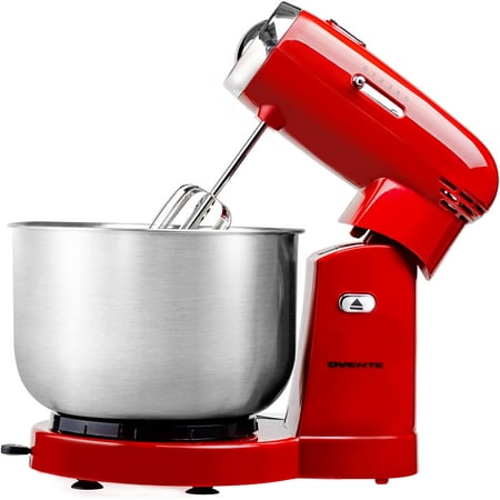 OVENTE Electric Kitchen Stand Mixer with 3.5-Quart Removable Stainless Steel Mixing Bowl, 5 Speed Control, 250-Watt Power, 2 Blender Attachment Egg Beater Whisk & Dough Hook Red SM680R