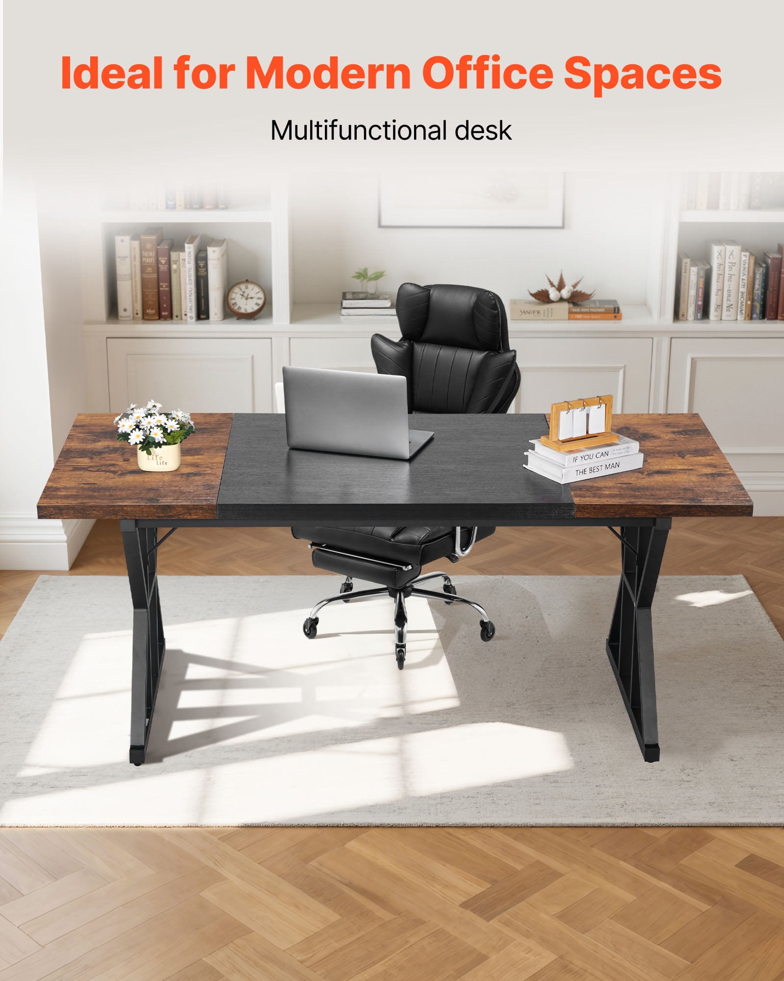 VEVOR Executive Desk 70.9 x 31.5 inch, Large Computer Desk PC Workstation for Home Office, Modern Simple Wood Laptop Study Writing Table Metal Frame Business Furniture, Rustic Brown and Black