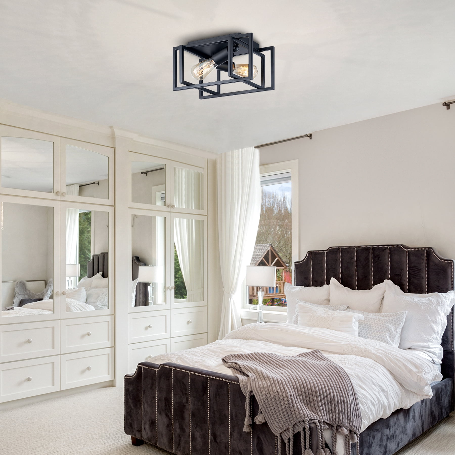 Square Flush Mount Ceiling Light Fixture with Open Geometric Metal Frame for 2 Bulbs up to 40W Each, Matte Black