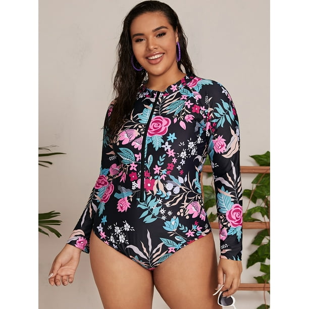 Olrik Clothing Women S Plus Size Floral Plant Print Zip Up One Piece Swimsuit Walmart Com Walmart Com