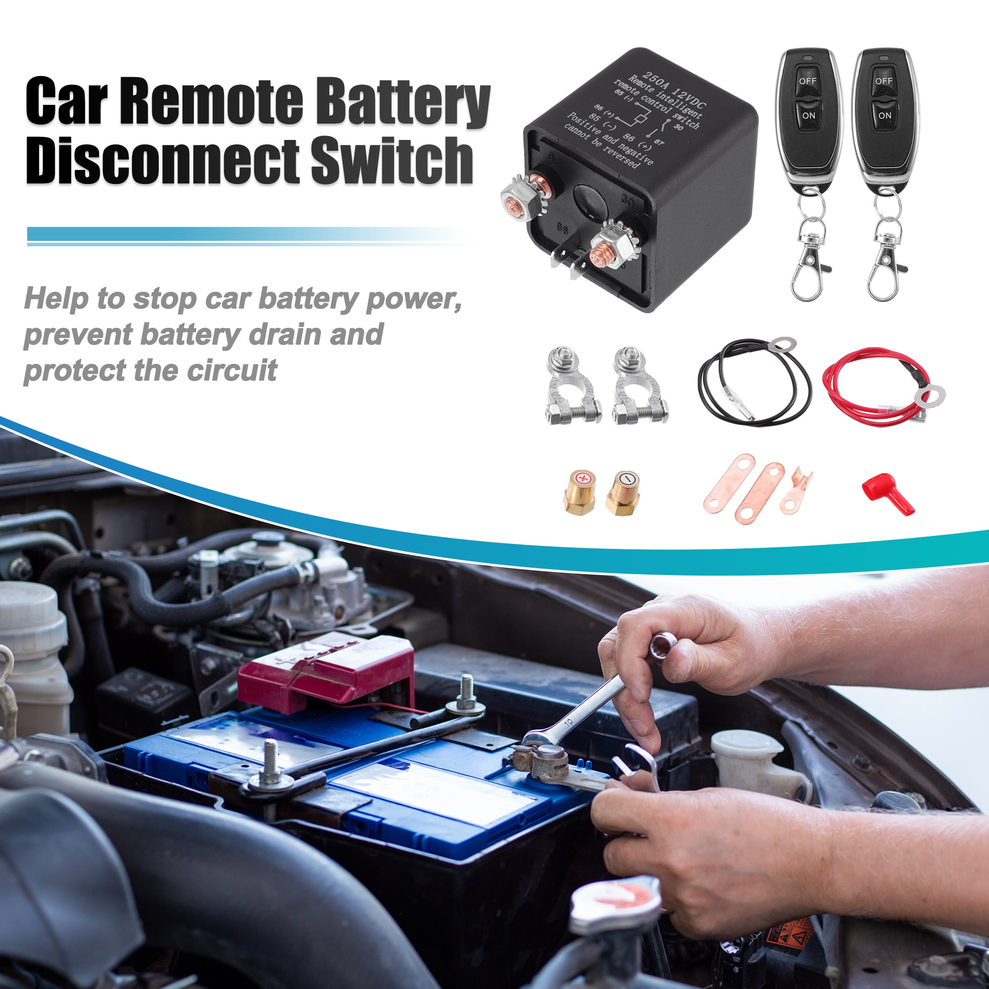 Unique Bargains 1 Set 12V 250A Car Battery Disconnect Switch Remote Kill Switch w/ Relay Keys for Car RV Truck