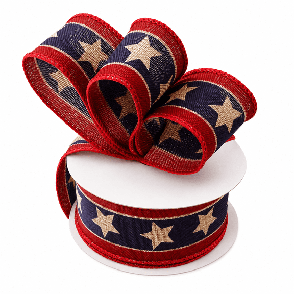 Tea Stained American Stars Ribbon - 1 1/2" x 10 Yards, 4th of July, America 250 Anniversary, American Flag Wired Ribbon, DIY, USA, Rustic, Election, Rally, Veterans Day, Wired Ribbon, Labor Day, 1776
