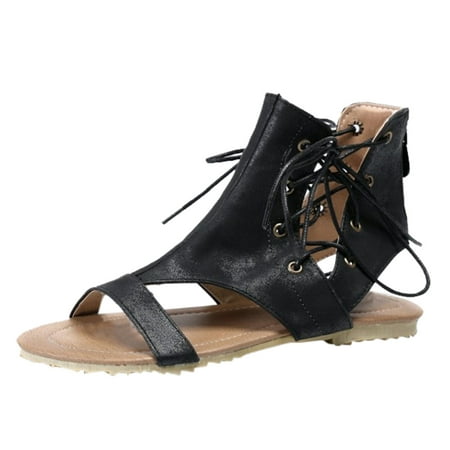

LIANGP Women s Sandals Roman Style Summer Flat Lace-Up Beach Open Toe Breathable Sandals Shoes Women s Shoes Black Size 8