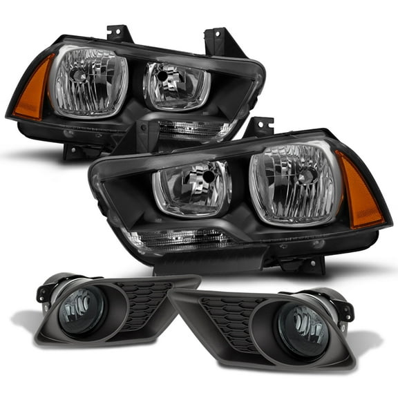 AKKON - Fits 2011-2014 Dodge Charger [Halogen Type] Black Headlights   Smoked Bumper Fog Lights Replacement Pair Left Right