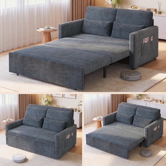 Noelse 3 in 1 Convertible Sofa Bed, Pull Out Sleeper Sofa Chair with Corduroy Upholstery, Space-Saving Loveseat Sleeper Bed for Living Room, Bedroom, Apartment, Dark Gray