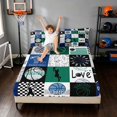 thumbnail image 3 of Manfei Boys Sport King Sheets, Basketball Patchwork Bedding, Navy Green 4 Pieces(1 Flat Sheet, 1 Fitted Sheet and 2 Pillowcases), 3 of 6