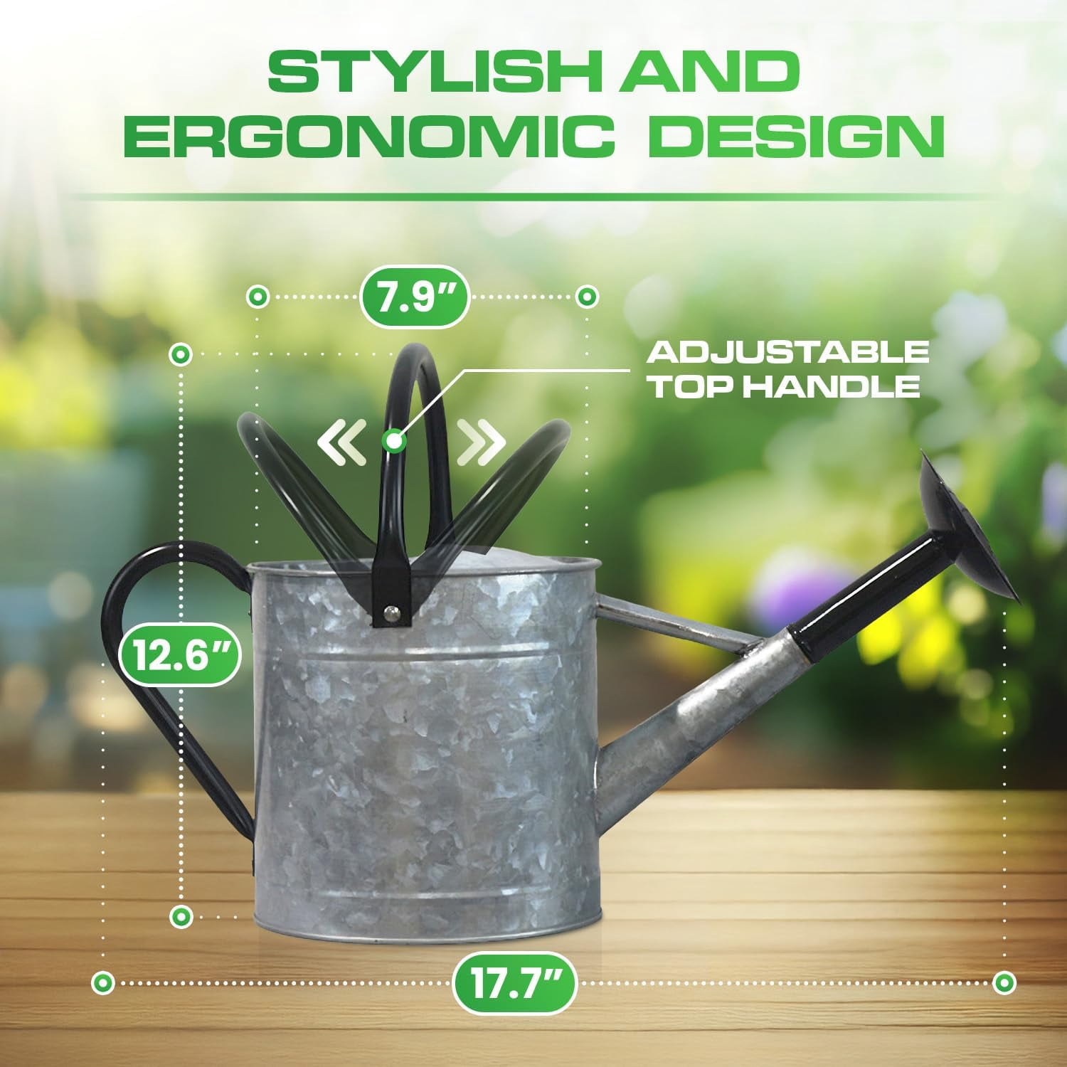 Plexon 1 Gallon Metal Watering Can Outdoor, Flower Plant Gardening Garden Large Galvanized Watering Can Pot Pitcher, Steel Black Handles and Removable Spray Spout, Silver