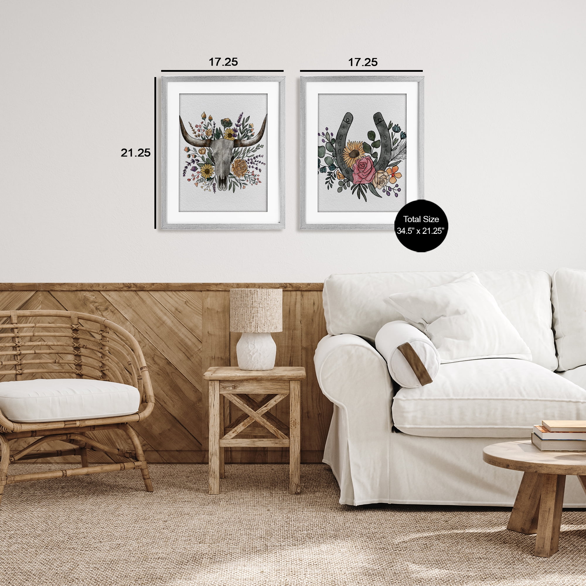 Stupell Industries Boho Longhorn & Horseshoe 2 Piece Gray Framed Print Under Glass Set, design by Alisha Kiara Design