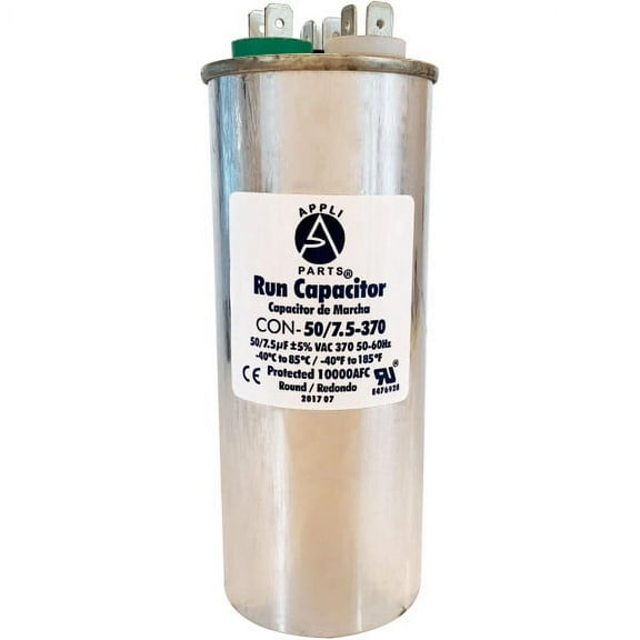 Appli Parts Dual Run Capacitor for ac 50 7.5 Mfd uF (microfarads) 370VAC CBB65 Round Universal fit for hvac and other applications 2 in Wide 5-3/8 in Height CON-50/7.5-370-R