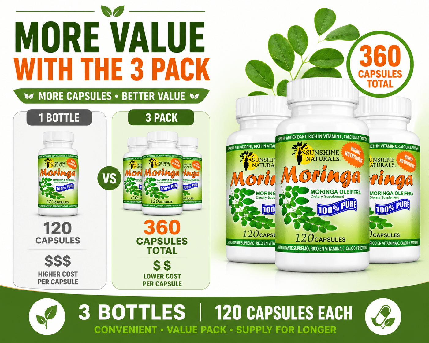 Sunshine Naturals Moringa Leaf Capsules, Moringa Oleifera Dietary Supplement, Vegan Capsules, Plant-Based Herbal Supplement, 120 Capsules