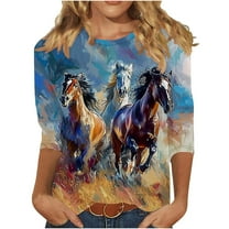 Horse Racing Printed Tunic Tops for Women Round Neck Tee 3/4 Sleeve Tops Loose Fitted Tunic Blouses Plus Size Baggy Boho Dressy Shirts Dressy CaUSAl Tunic Blouse Workout Going Out Outfits