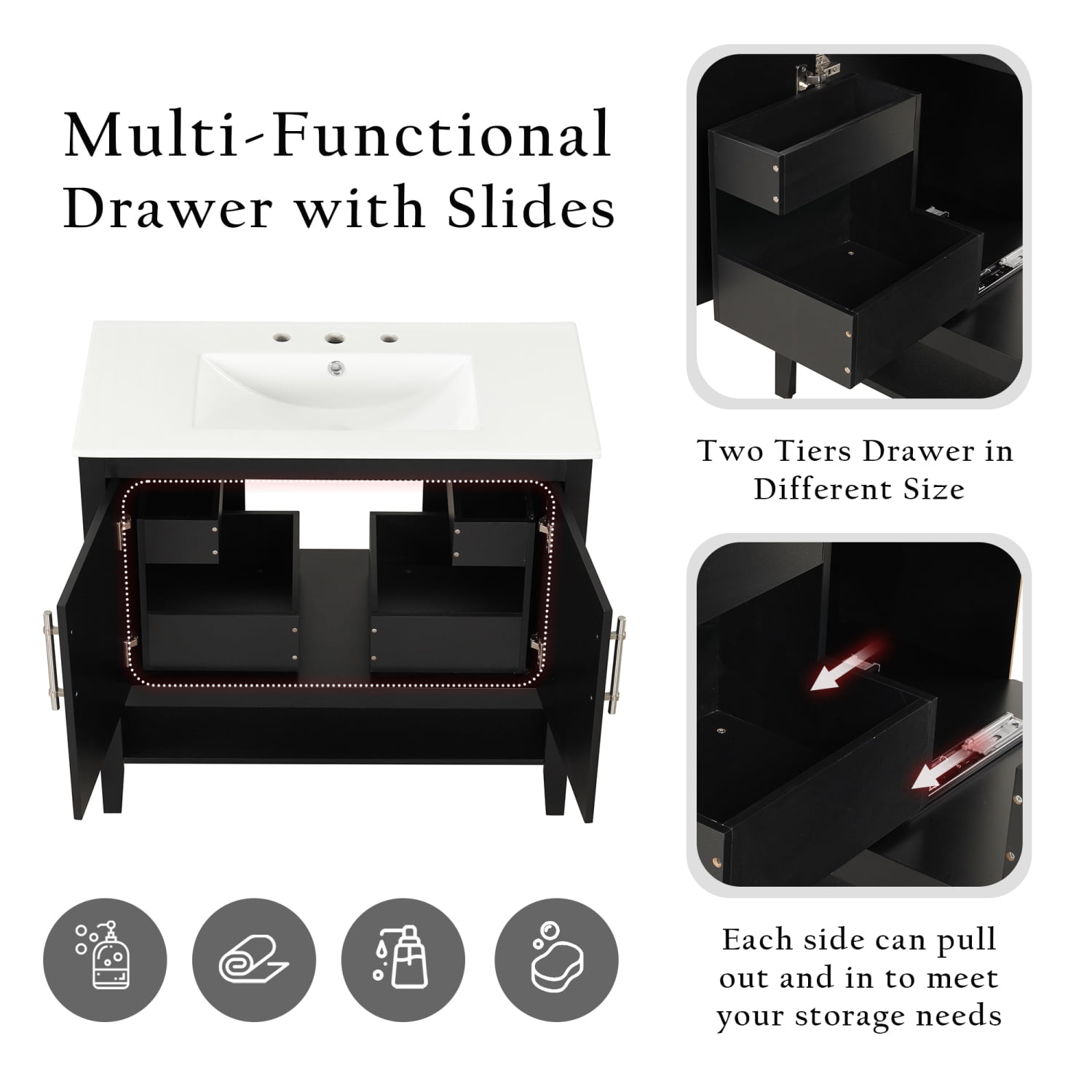Harper & Bright Designs 36" Bathroom Vanity with Sink, Multi-functional Bathroom Cabinet with Doors and Drawers, MDF Frame and MDF Board, Black