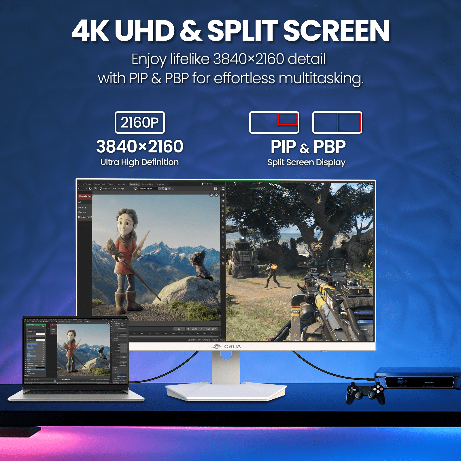 CRUA 27” Gaming Monitor, UHD (3840x2160) Dual Mode (4K 160Hz or FHD 320Hz), 120% sRGB, Support FreeSync, Built-in Speakers, Height adjustable, RGB Lighting, HDMI & DP, Wall Mount Install-White