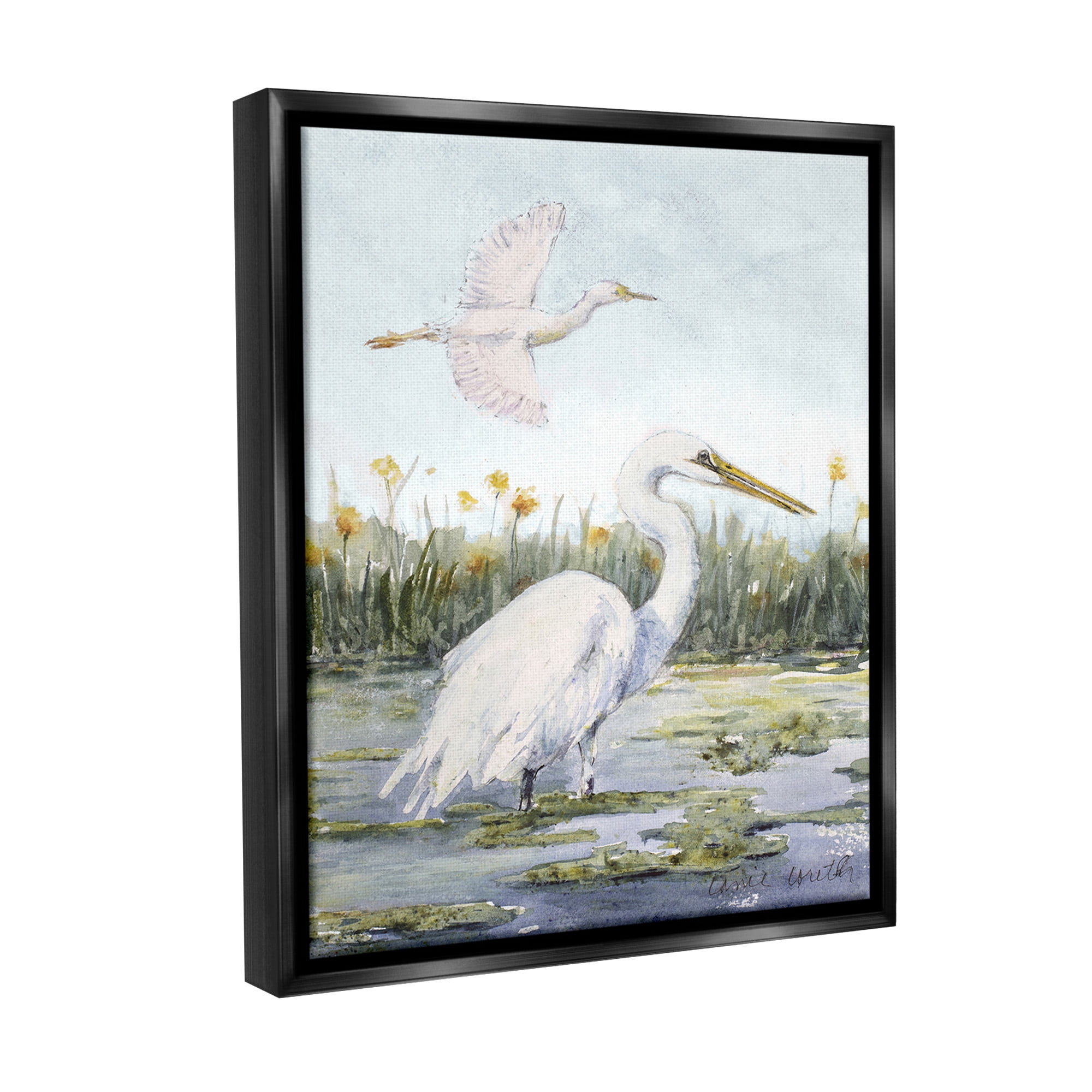 Stupell Industries Egrets in Wetland Landscape Animals & Insects Painting Black Floater Framed Canvas Art Print Wall Art, 25 x 31