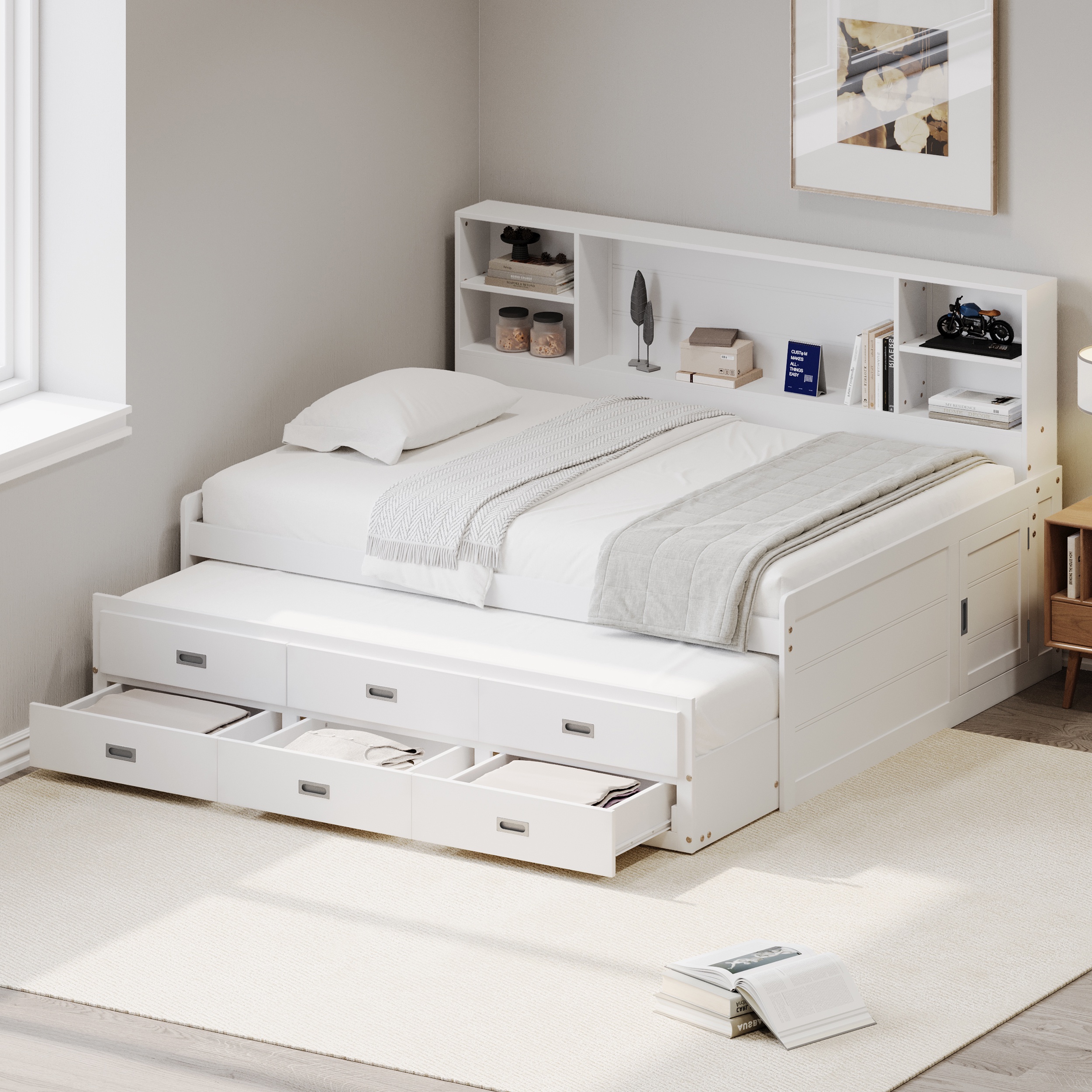 PORKISS Twin Size Daybed, Wooden Captain Daybed with Storage Bookcase Headboard, Modern Captain’s Bed with Trundle and Storage Drawers for Kids, Teens, No Box Spring Needed, White
