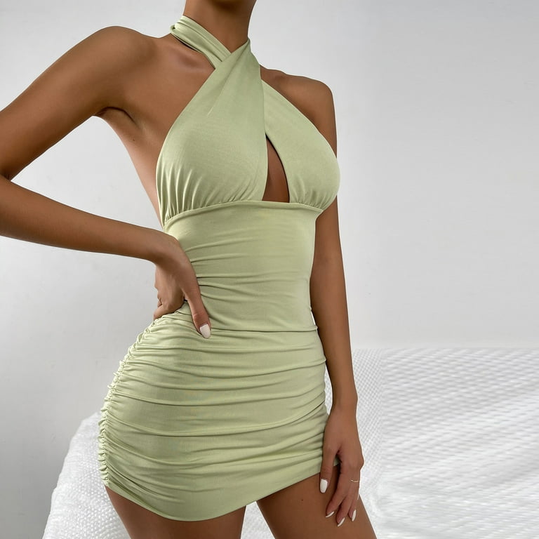 CLEARANCE Party Dress Tight Dress Backless Dress Sexy Dresses for Women Halter Neck Dresses Crewneck Short Sleeve Women Solid Hollow Out Fit Club