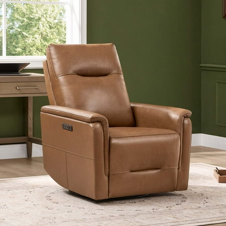 Spruce & Spring Genuine Leather Dual Motor Swivel Glider Recliner Chair, Saddle