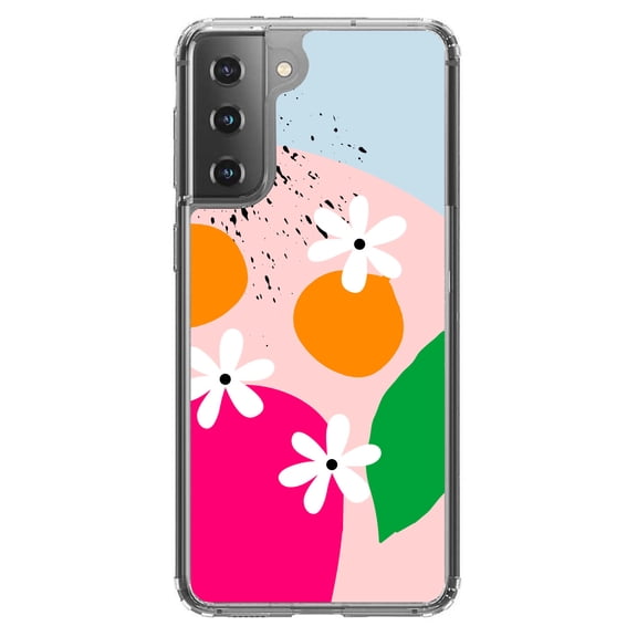 DistinctInk Clear Hybrid Case for Samsung Galaxy S21 Plus (6.7" Screen) - Summer Vibes Bold Flower Pink White Orange - Lightweight Grip
