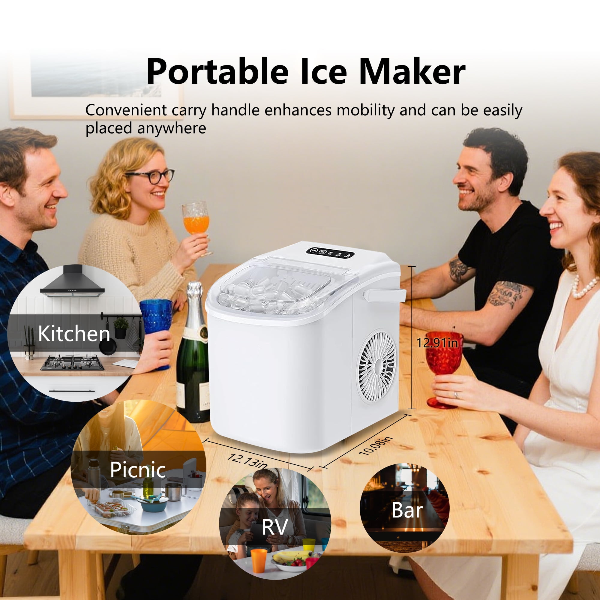 HUMSURE Countertop Ice Maker Machine with Handle, 26lbs  Per Day, 9 Ice Cubes Ready in 7 Mins, Self-Cleaning Portable Ice Maker with Basket and Scoop, for Home/Party/Kitchen/Camping/RV(White)