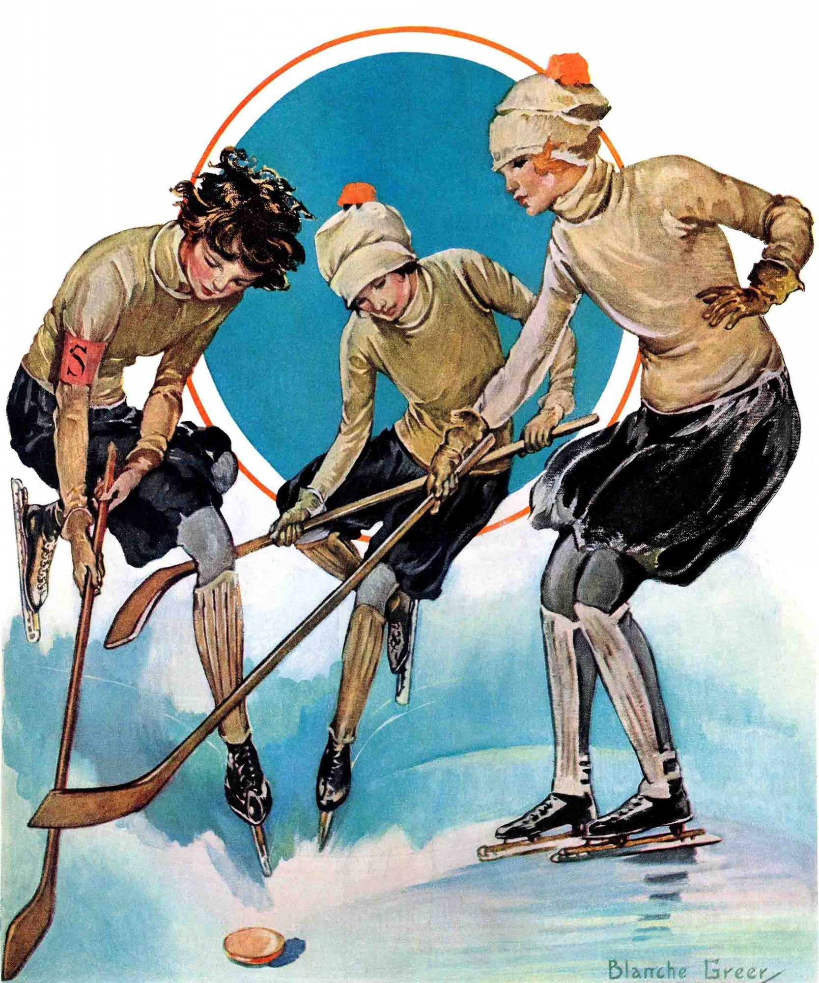 Marmont Hill Girls Playing Ice Hockey by Blanche Greer Painting Print on Canvas