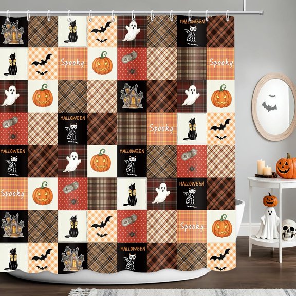 Halloween Shower Curtain Spooky Pumpkin Ghost Black Cat Plaid Fabric Bath Curtain With Hooks 71x71 Inches