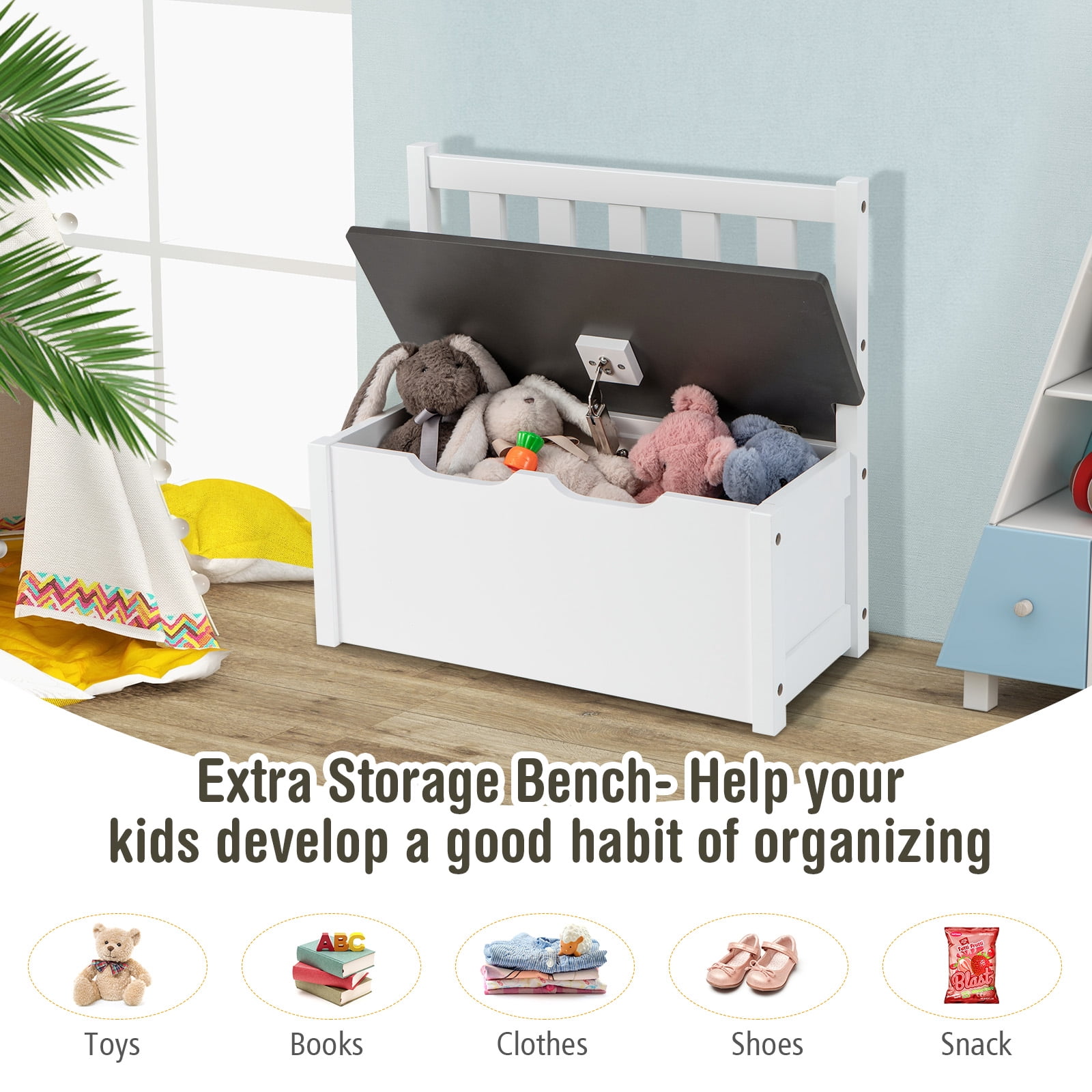 Infans 4 PCS Kids Wooden Activity Table & Chairs Set w/ Storage Bench Study Desk Grey