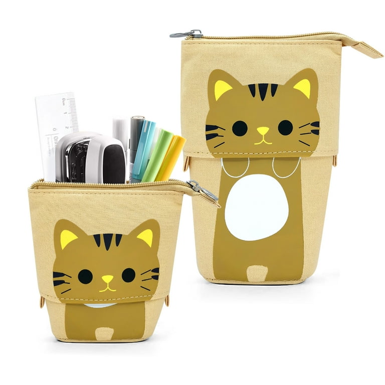 Cat Cute Standing Pencil Case for Kids, Pop Up Pencil Box Makeup Pouch,  Stand UP Cartoon Christmas Gift Kids Pen Holder Organizer Cosmetics Bag
