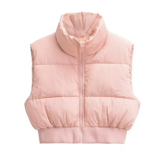 Women's Puffer Vest Sleeveless Stand Collar Solid Zip Up Cardigan Outerwear Pink M