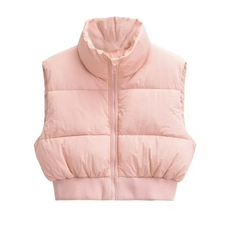 BLVB Women Cropped Puffer Vest Sleeveless Lightweight Warm Padded Vest Outerwear Full Zip Stand Collar Waistcoat Jacket