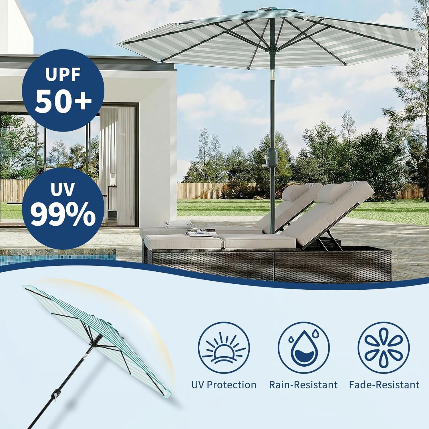 10Ft Outdoor Patio Umbrella 8 Sturdy Ribs Outdoor Table Umbrella with Crank LiFt & Push Button Tilt UV Protection Waterproof Market Umbrellas for Pool Deck Yard, Turquoise & White Stripes