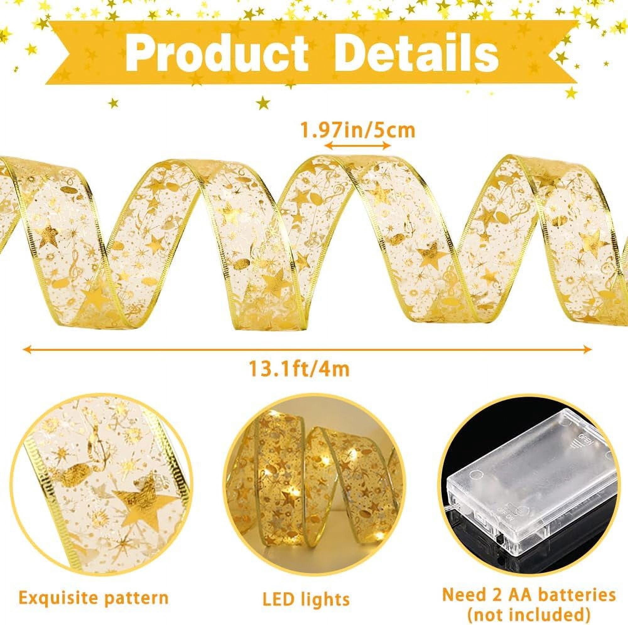 LINLIN Christmas Ribbon Lights, 13ft 40 Light Gold Warm Christmas Fairy Light Xmas String Light Up Ribbon Bows for Indoor Christmas Holiday Party Decoration Supplies