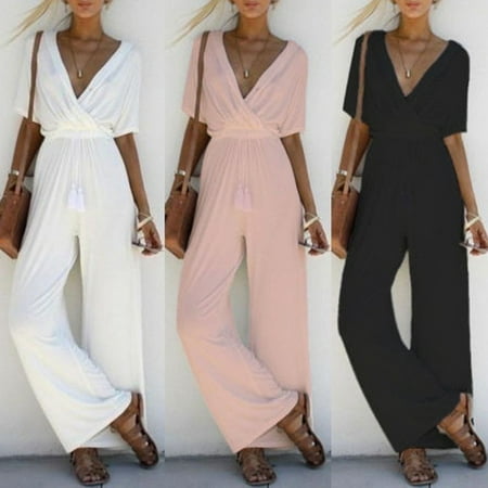 Sexy Women V Neck Short Sleeve Jumpsuit Ladies Summer Casual Loose Playsuit