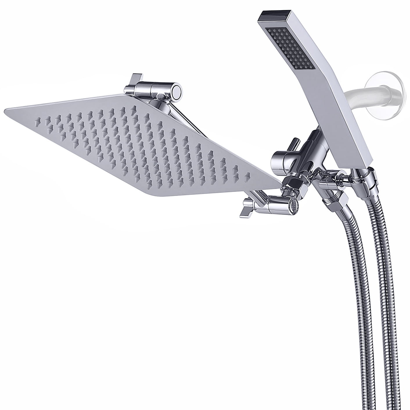 G-Promise All Metal Dual Square Shower Head Combo, 8 'Rain Shower Head, Handheld Shower Wand With Extra Long Flexible Hose, Adjustable Extension Arm (Polished Chrome)