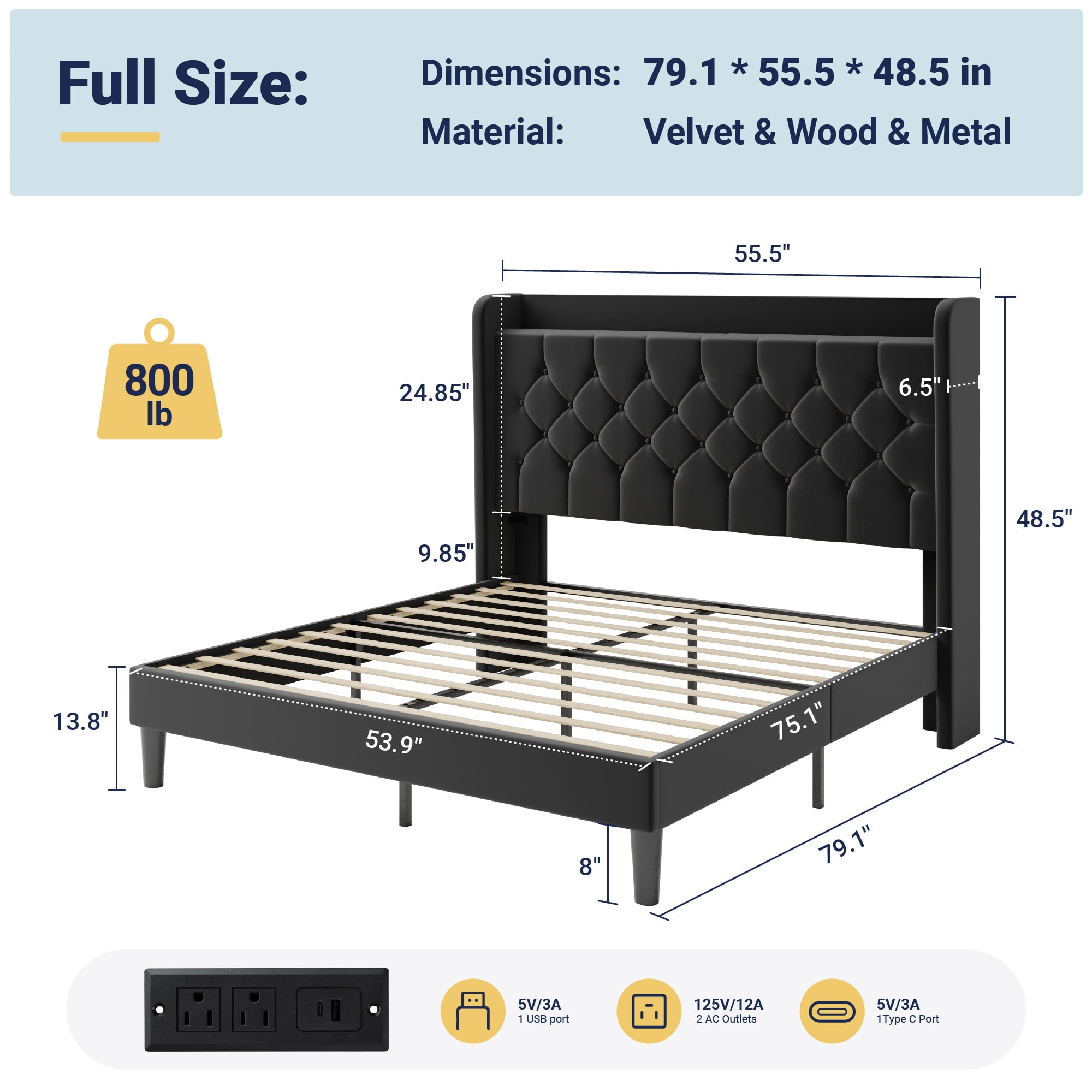 Allewie Full Size Bed Frame, Storage Headboard with Charging Station, Wingback Velvet Upholstered, Diamond Stitched Button Tufted, Sturdy Wooden Slats, No Box Spring Needed, Easy Assembly, Black