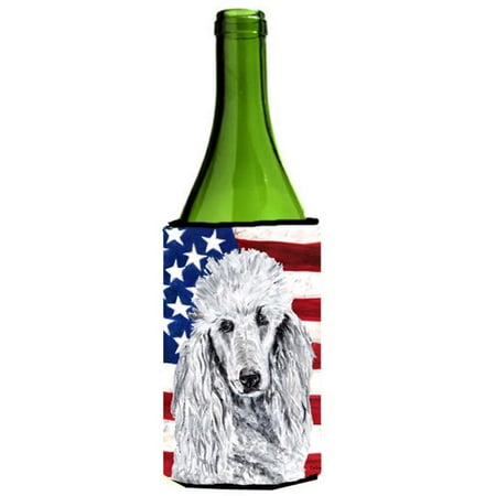 

White Standard Poodle With American Flag Usa Wine bottle sleeve Hugger 24 Oz.