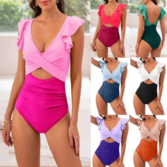 Women's One Piece Bikini Swimsuit Fashion Color Block with Removable Bra Pads No Underwire for Beach Swimming Vacation,Green,L