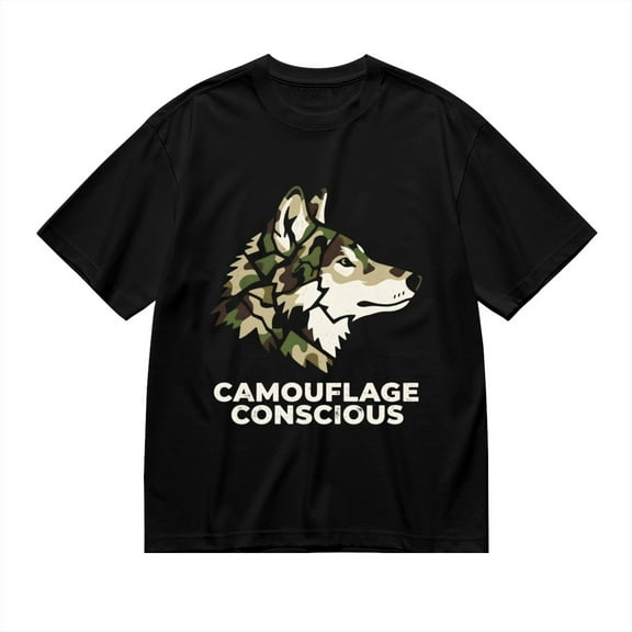 Black T Shirts for Men, CAMOUFLAGE CONSCIOUS, Wolf Camo Print Mens Graphic Tees, 24816196,S