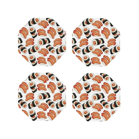 

Fuzoiu Sushi Roll Print Leather Coasters Set Drink Coasters Set of 4 for Tabletop Protection Durable PVC Coasters Home Décor and Housewarming Gift-Octagon