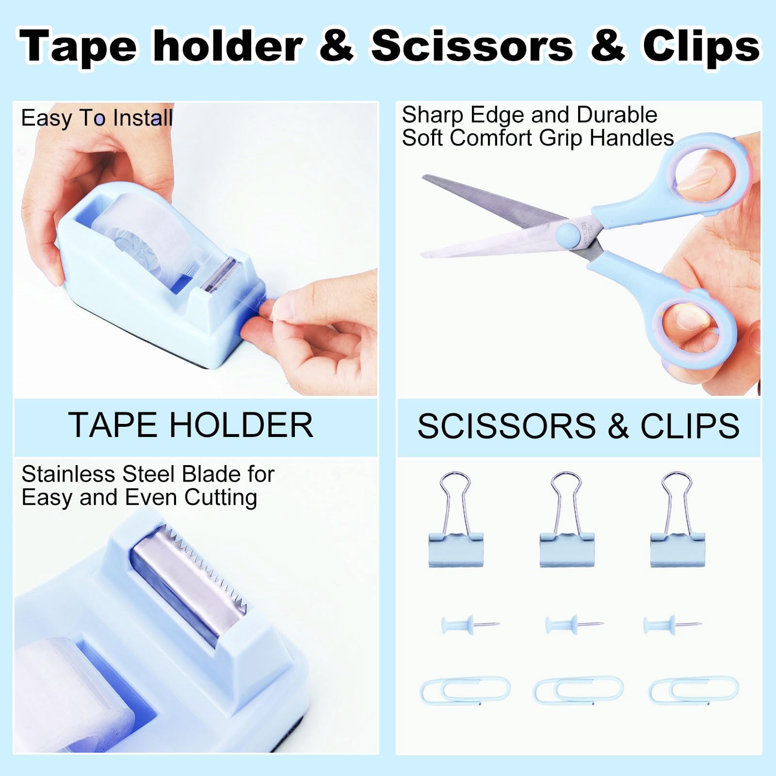 Blue Desk Organizers And Accessories Set With 360-degree Rotating Pen Holder  Tape Dispenser Stapler Staple Remover 1000 Staples Clips Ruler Scissor