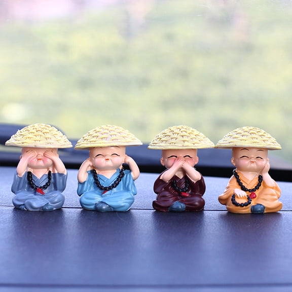 4Pc Little Monk Resin Figurines Ornament, Brazilian Wood Aquatic Wood Green Plant Potted Decorations, Indoor Office Desktop Plant Decoration，A