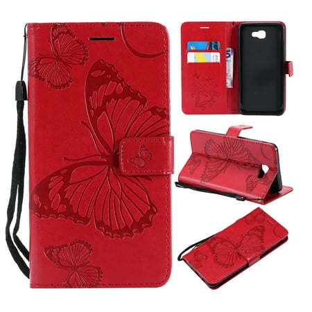 Galaxy J7 Perx Case,Galaxy J7 Prime / J7 V/ J7 Sky Pro/Halo Case - Allytech Wallet PU Leather Embossed Butterfly Protecive Case Flip Cover with Hand Strap for Samsung Galaxy J7 V 2017, Red